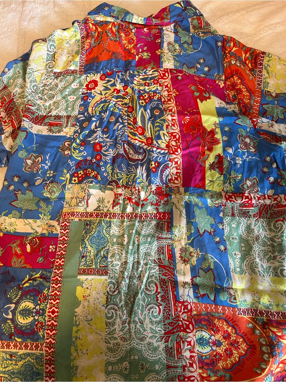 Colorful patchwork 3/4 sleeve button-down top - Picture 5 of 6